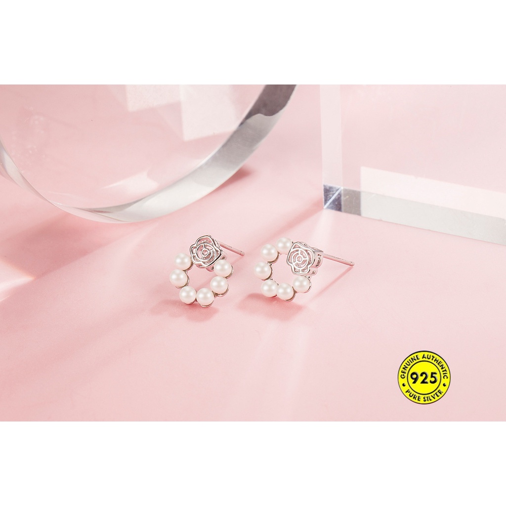 Anting Tusuk Sterling Silver 925 Model Bunga Mawar Dengan Mutiara Untuk Wanita U929