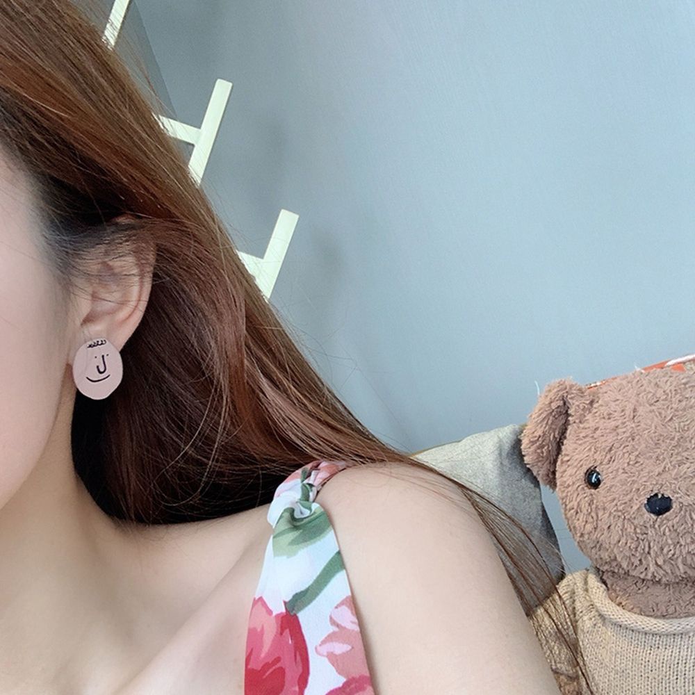 Anting Bentuk Bulat Geometris Tidak Teratur Motif Smile Face Warna-Warni Untuk Wanita