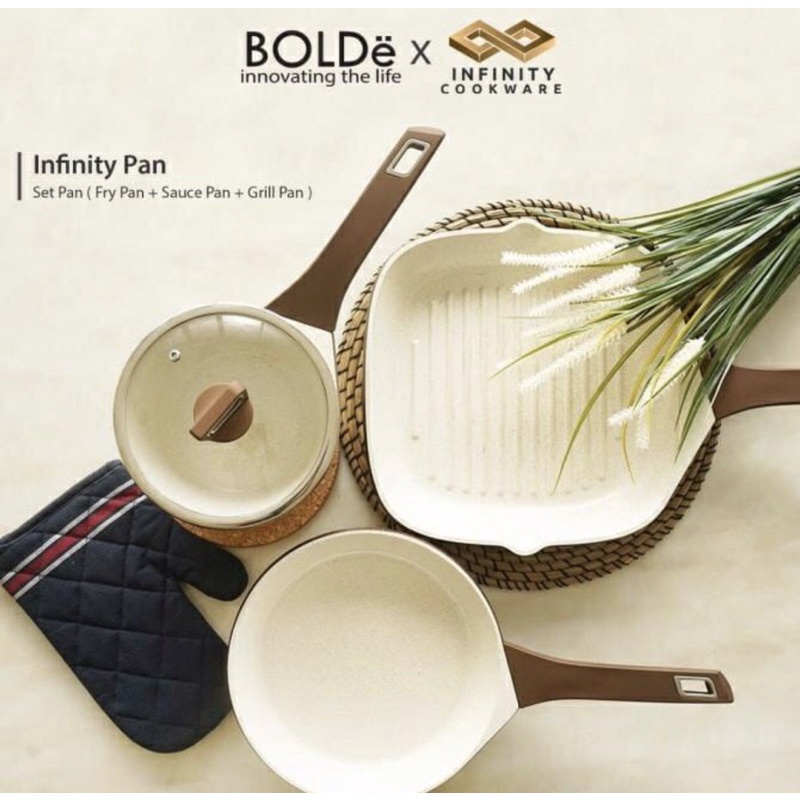 (TRIPLE FREE TURNER SPATULA) BOLDE Infinity Pan 3+1 Set Die Cast Gold Cookware
