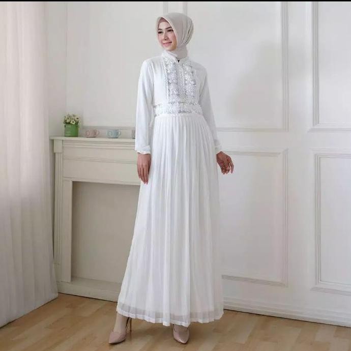 gamis putih wanita / gamis plisket / brukat baju wanita