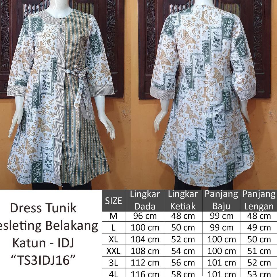 Sale -- Batik Dress Tunik Wanita MOSA. Tali Samping Modern Motif Daun Biru Pekalongan -TS03