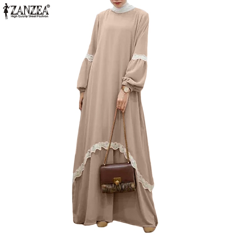 ZANZEA Women Fashion Full Sleeve O-neck Lace Patchwork Solid Muslim Long Dress