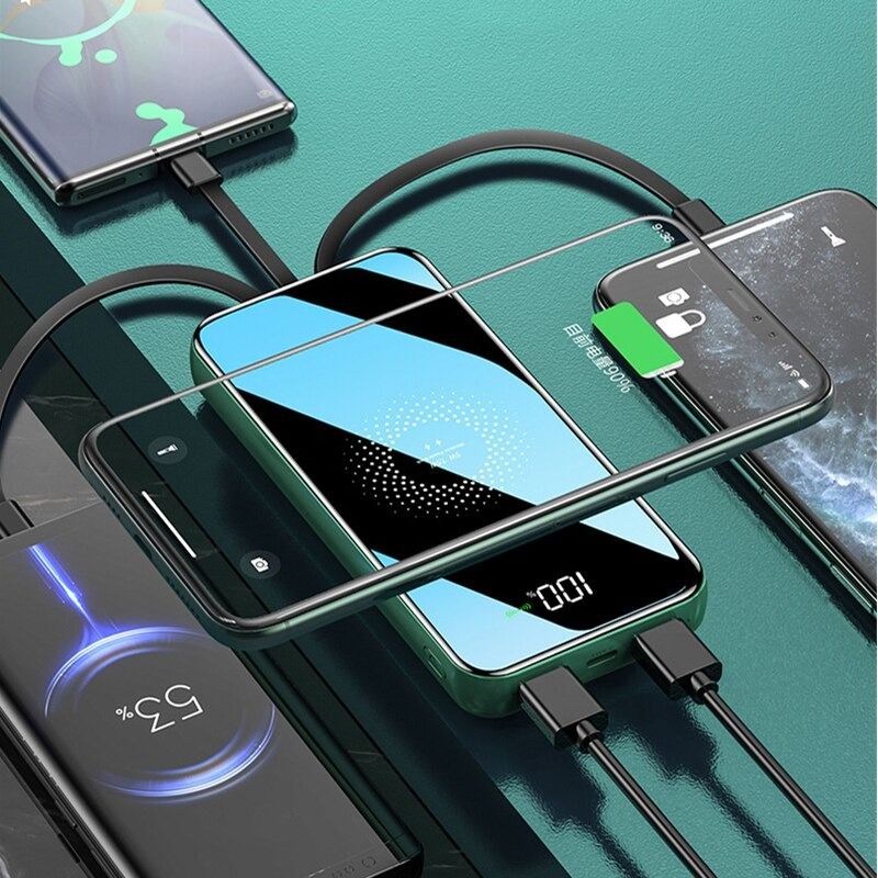 Power Bank Wireless Charging 10000mAh with Micro + Lightning + USB Type C Cable