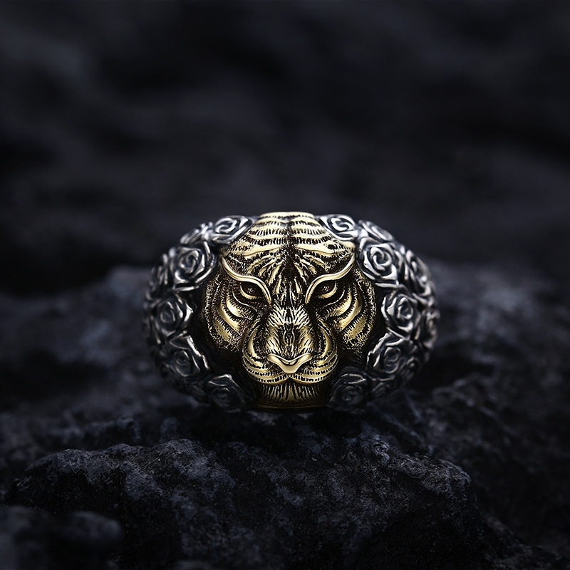 Cincin Model Terbuka Desain Kepala Harimau Gaya Kasual Untuk Pria