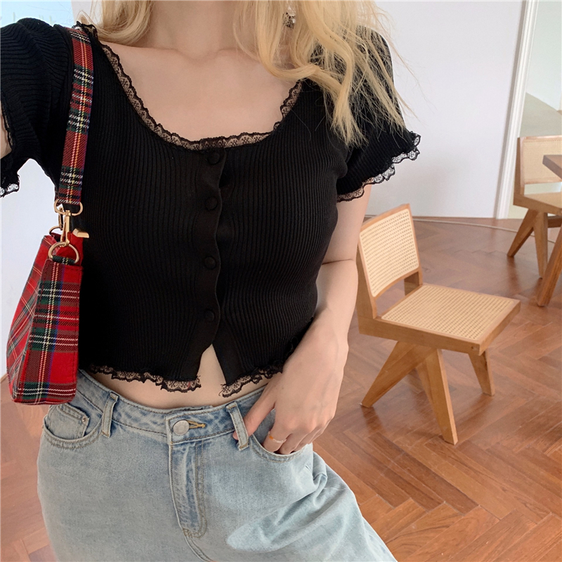 crop top rajutan renda lengan pendek musim panas