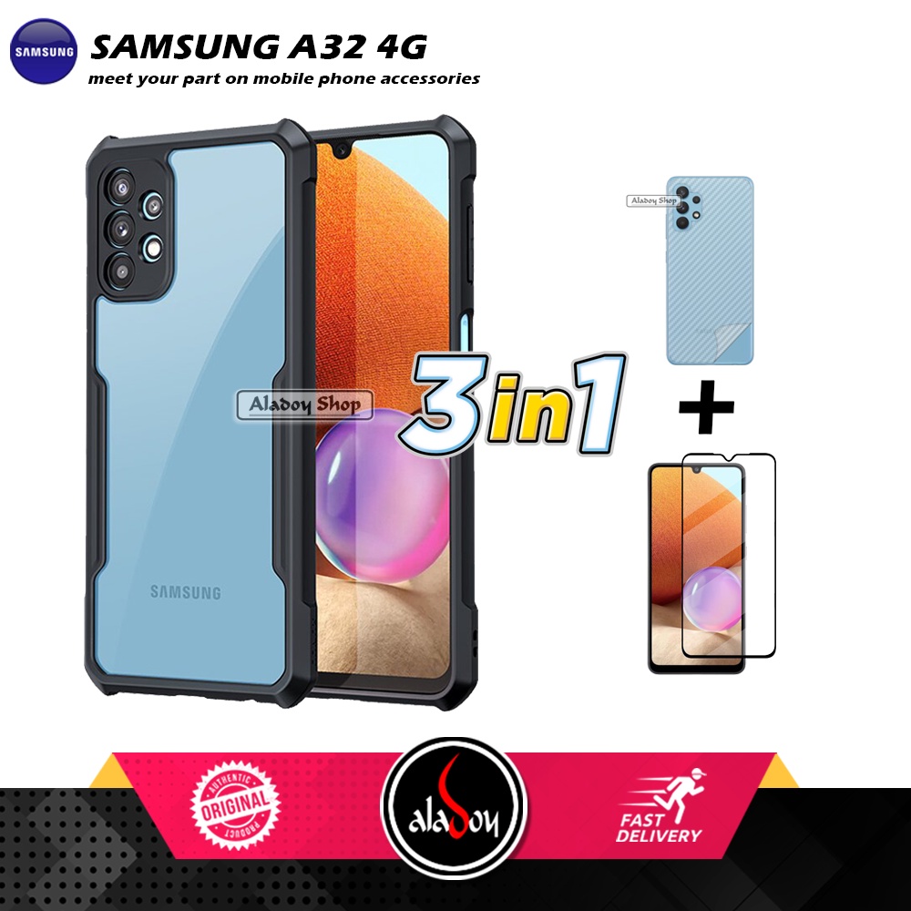 Case SAMSUNG A32 4G Armor Fushion Transparent Casing + Tempered Glass Full Layar dan Skin Carbon