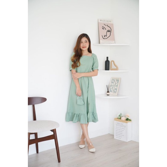 Dress Wanita Korean Dress Midi Slit Smocked Dress Slit Dress SlitDress DressWanita Dresscewek+free masker