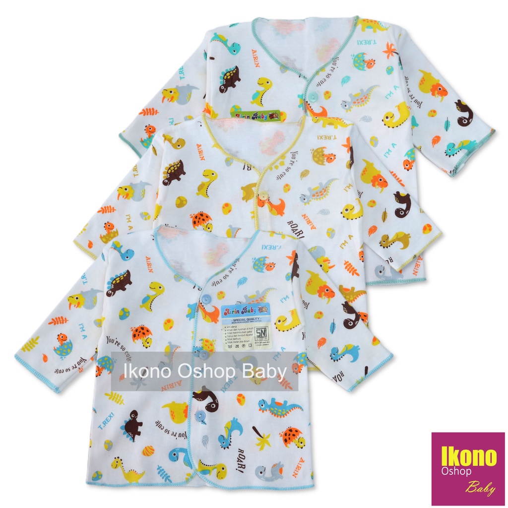 Ikono 3 Pcs Baju Bayi Newborn Lengan Panjang Putih Motif Printing Airin-1