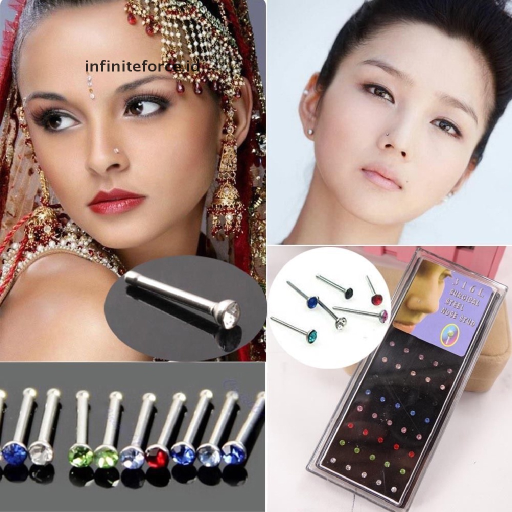 (Infiniteforce.Id) 40pcs / Set Cincin Hidung / Tubuh Bahan Stainless Steel Hias Kristal / Berlian Imitasi Untuk Wanita