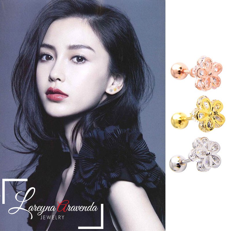 Anting Wanita Titanium Asli Bunga Crystal Kristal Zircon AAA ET002