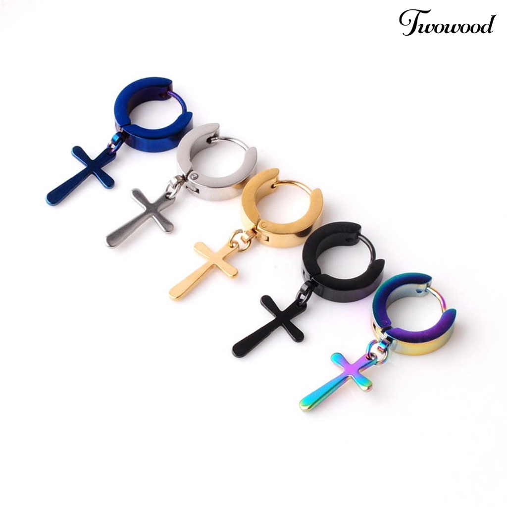 Twowood 1Pc Unisex Dangle Earring Cross Korean Style Stainless Steel Simple Bright Luster Hoop Earring for Daily Wear