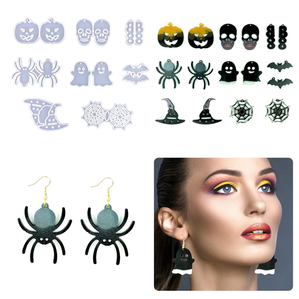 Preva 8 Pcs Anting Resin Cetakan Resin Kerajinan Spider Membuat Perhiasan Alat Halloween Cetakan Silikon