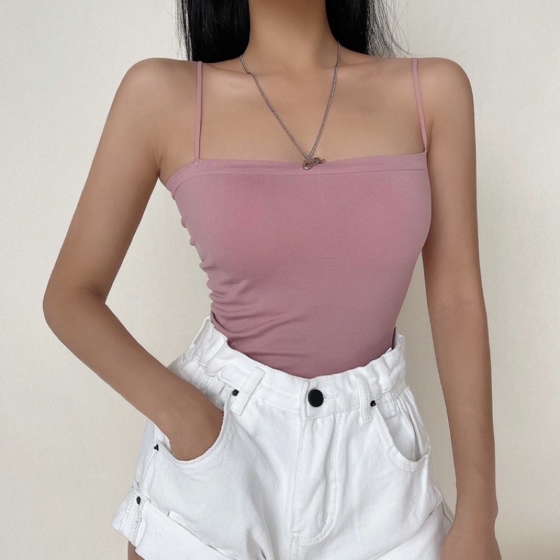 Sandy Bralette Square Tanktop Bra Tali Tipis Spaghetti Tank Top Kotak-Pink long