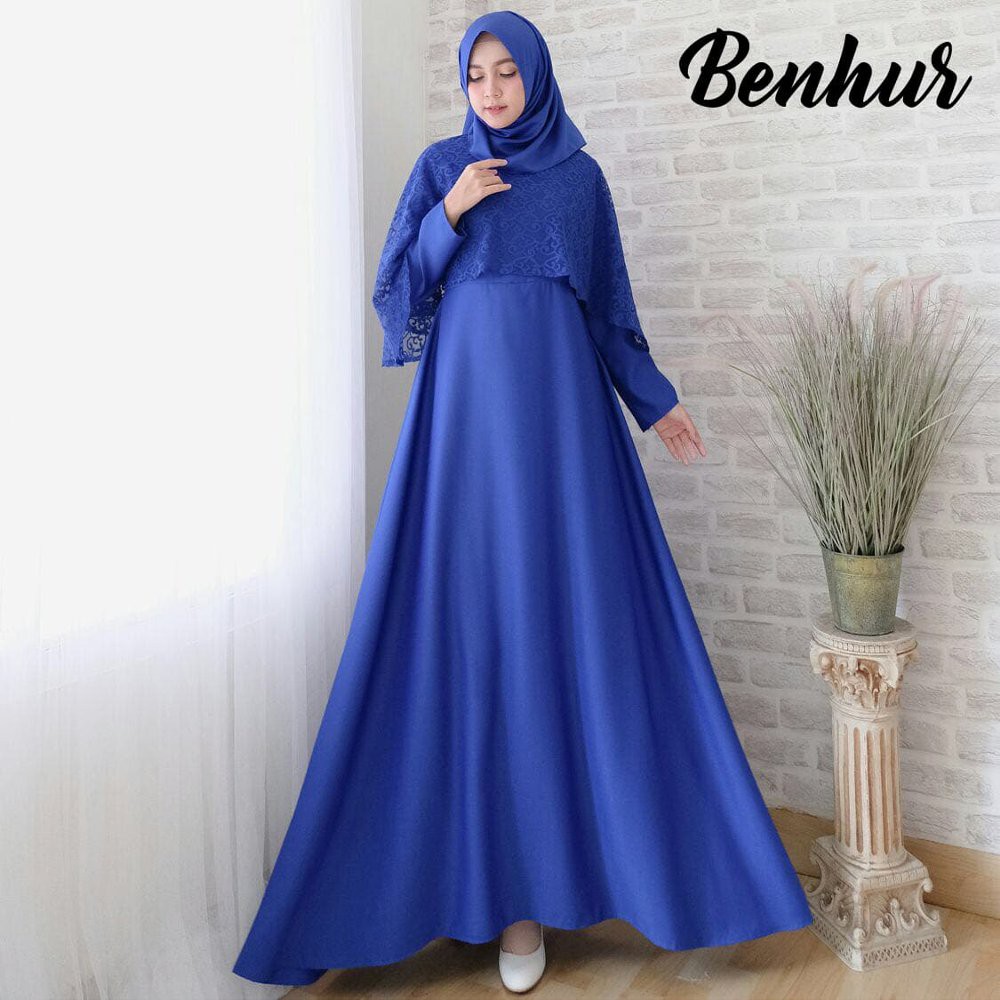 BAJU GAMIS PESTA MUSLIM REMAJA BRUKAT BROKAT KOMBINASI POLOS LEBARAN OMIVIA WARNA BIRU BENHUR