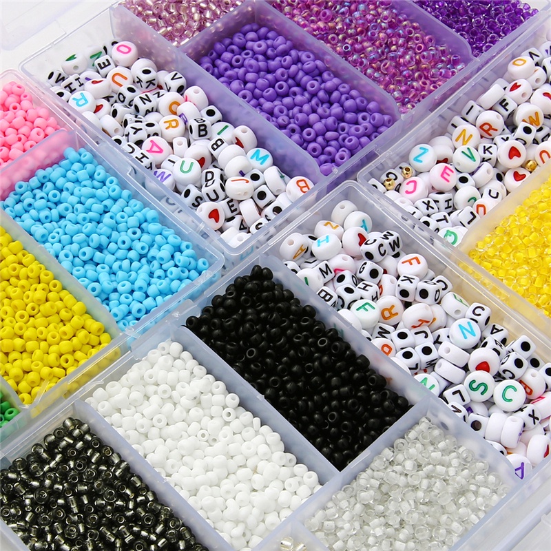 3500Pcs/box 3mm Glass Seed Beads Plastic Alphabet Letter Heart Beads with 5M Elastic Cord Mix Kits For Jewelry DIY Bracelet Make