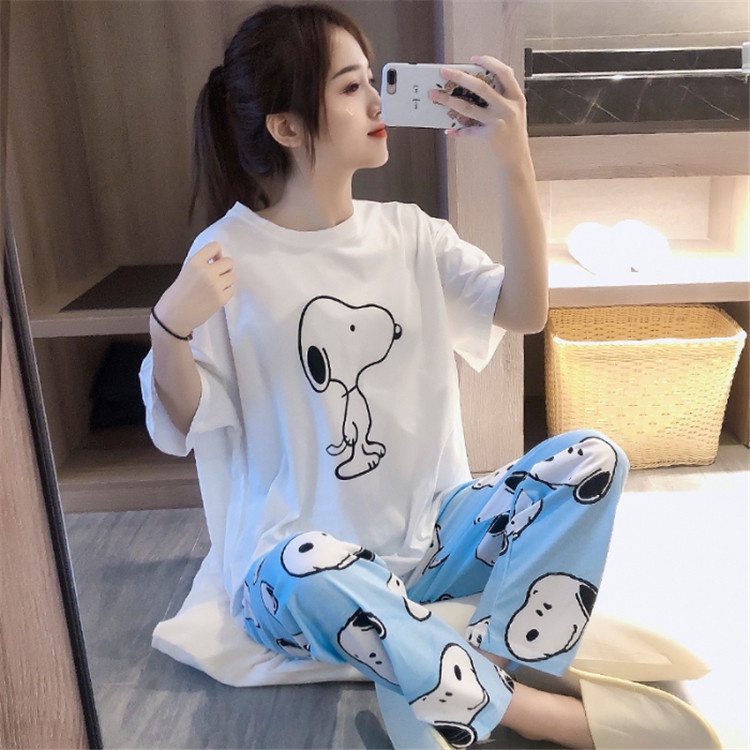 Piyama Oversize Bahan Kaos Lengan Pendek Baju Tidur Wanita pakaian tidur wanita kaos set baju tidur wanita piyama-Snoopy