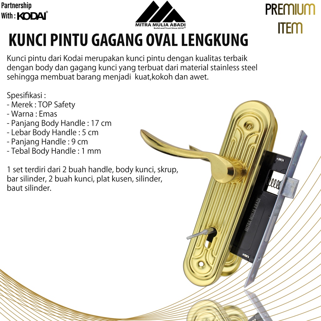 Kunci Pintu Emas Gagang Oval Lengkung I By TOP Safety I Fullset