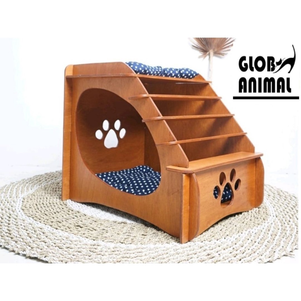 RUMAH KUCING 2 TINGKAT tempat tidur hewan bahan kayu rumah anjing