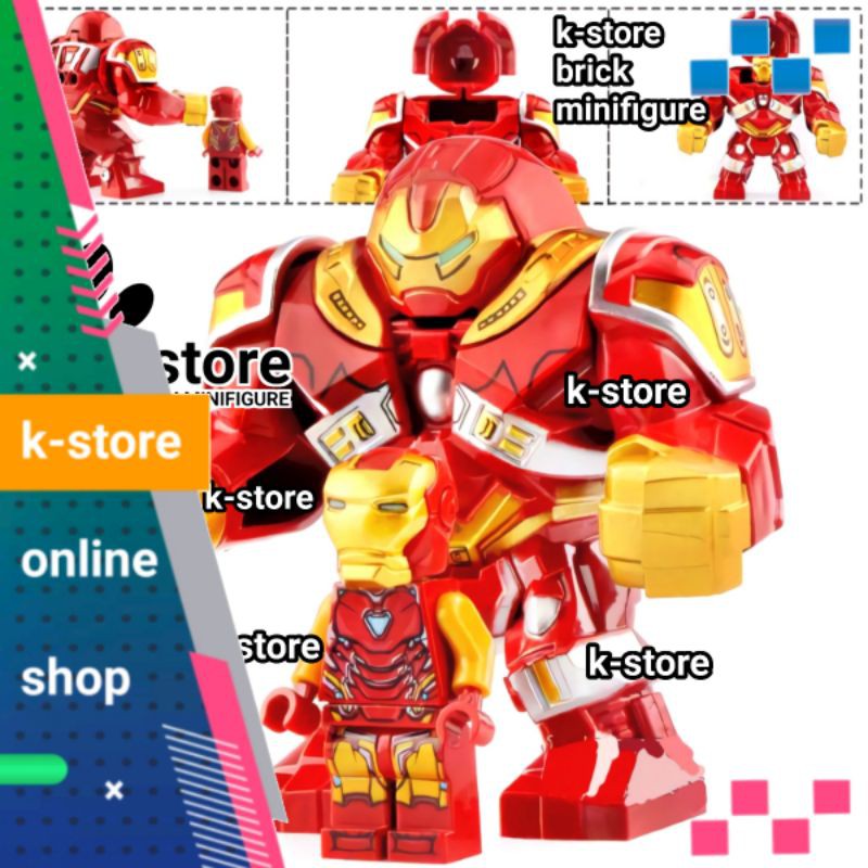 lego hulkbuster hulk buster mark 49 mk 49 maxifigure and iron man ironman mark 85 block minifigure
