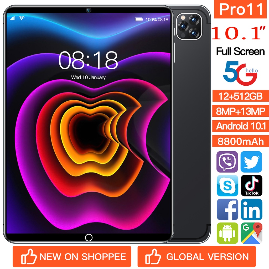 【Promosi Besar】2023 Hot Jual Android 10.0 ipad Pro11 Tablet PC 10.1 inch Layar Penuh Layar HD 12GB + 512GB GB Sistem Android WiFi Dual SIM, Koneksi Bluetooth tablet murah belajar 5G