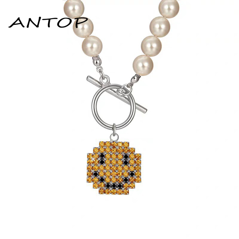 Kalung Mutiara Rantai Wanita Dengan Liontin Bentuk Smiley Gaya Retro Korea ANTOP