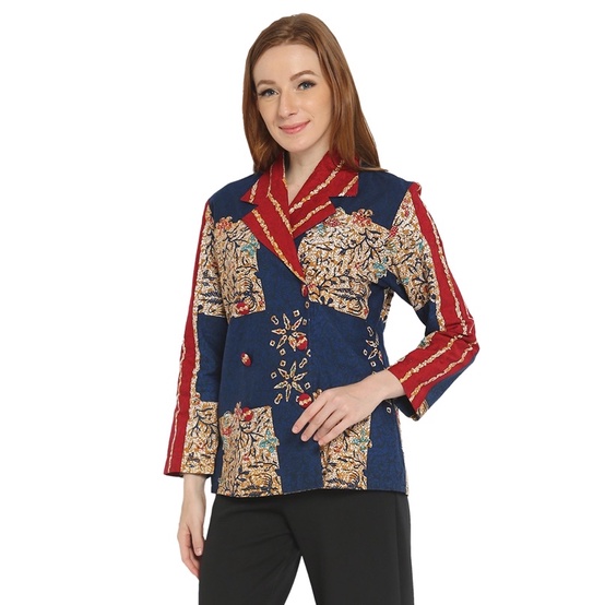 Almajiwa  Batik Wanita Blazer Kinanti Biru Atasan Lengan Panjang Kondangan Casual Outer Kantoran Dewasa Baju Kerja Formal Premium Larisgaleri