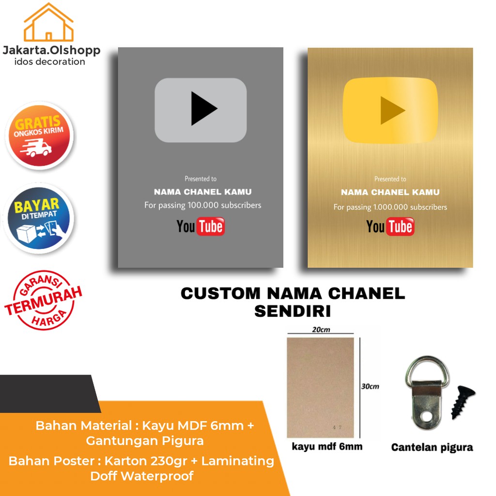 [COD] CUSTOM POSTER KAYU SILVER PLAY BUTTON/GOLD PLAY BUTTON YOUTUBE JAKARTA.OLSHOPP