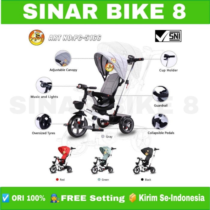 Sepeda Anak Roda Tiga PACIFIC PC 5166 Kursi Bisa di Putar Kanopi Tricycle Anak