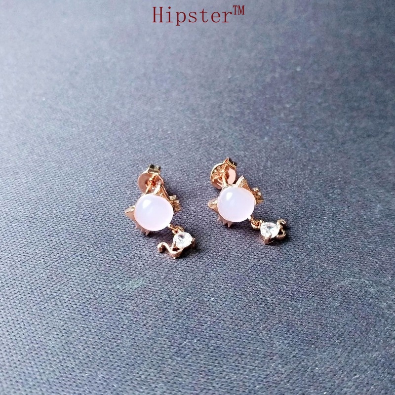 Set Cartoon Cat Pink Gemstone Earrings Safety Buckle Bracelet Pink Crystal Rose Gold Ring Five-Petal Flower Necklace Four-Piece Set