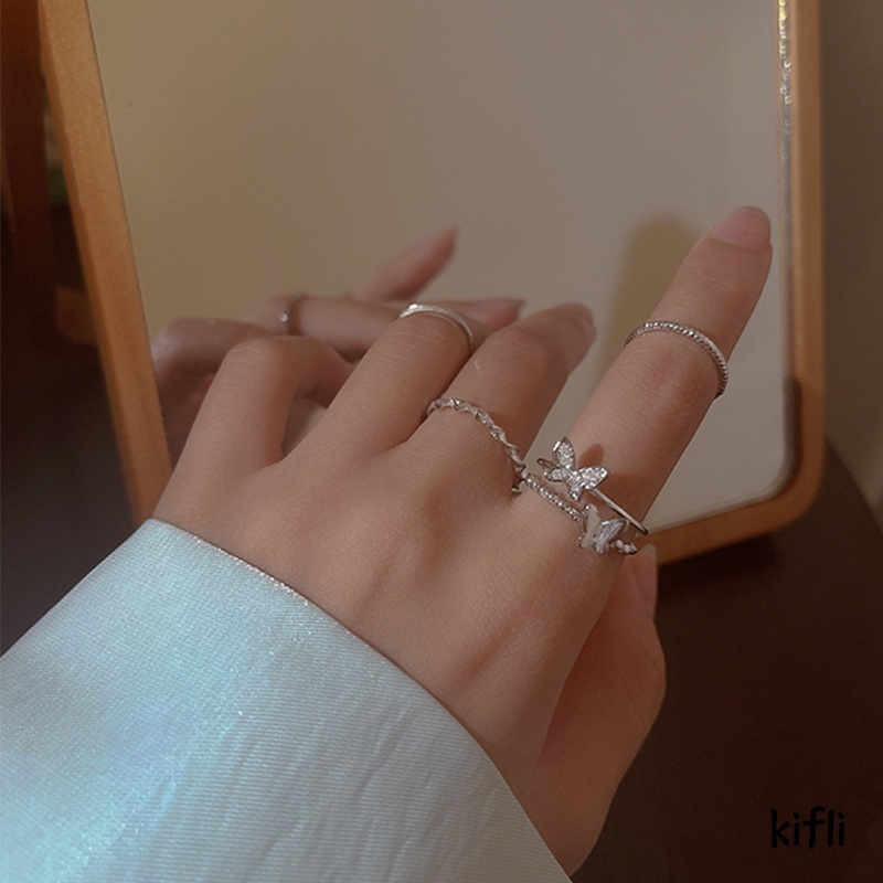 4 Pcs/set 925 Fashion Perak Cincin Set,Kupu-kupu Berlian Imitasi Wanita Jari Cincin,Perhiasan Aksesoris