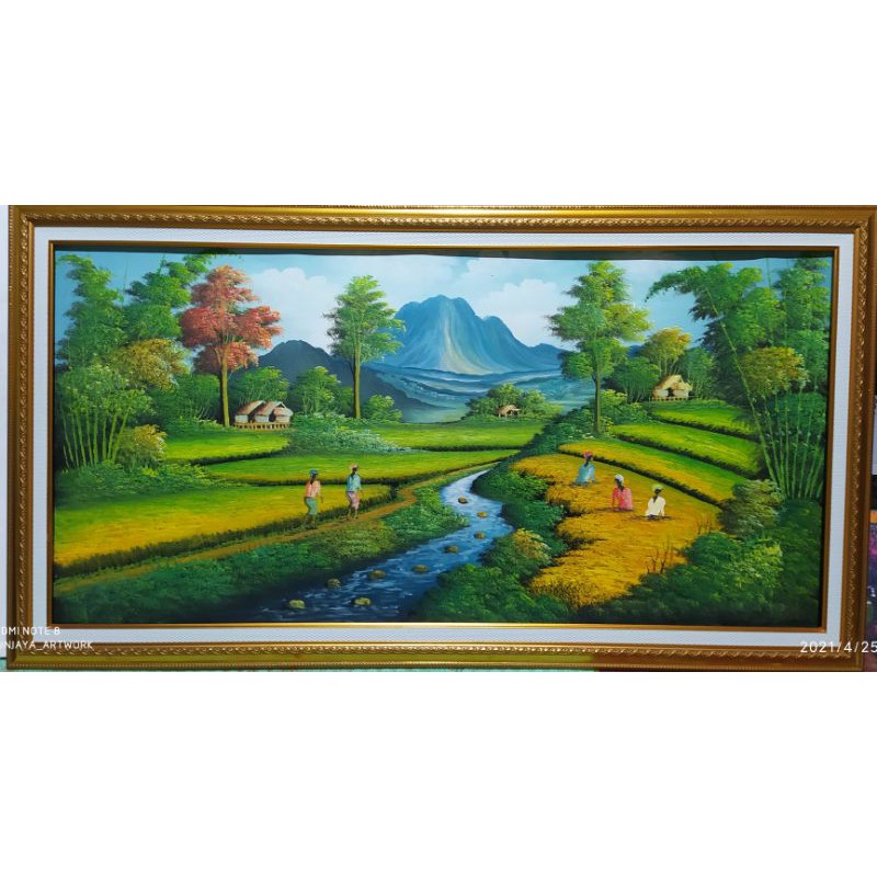 lukisan pemandangan sawah gunung  lukisan asli