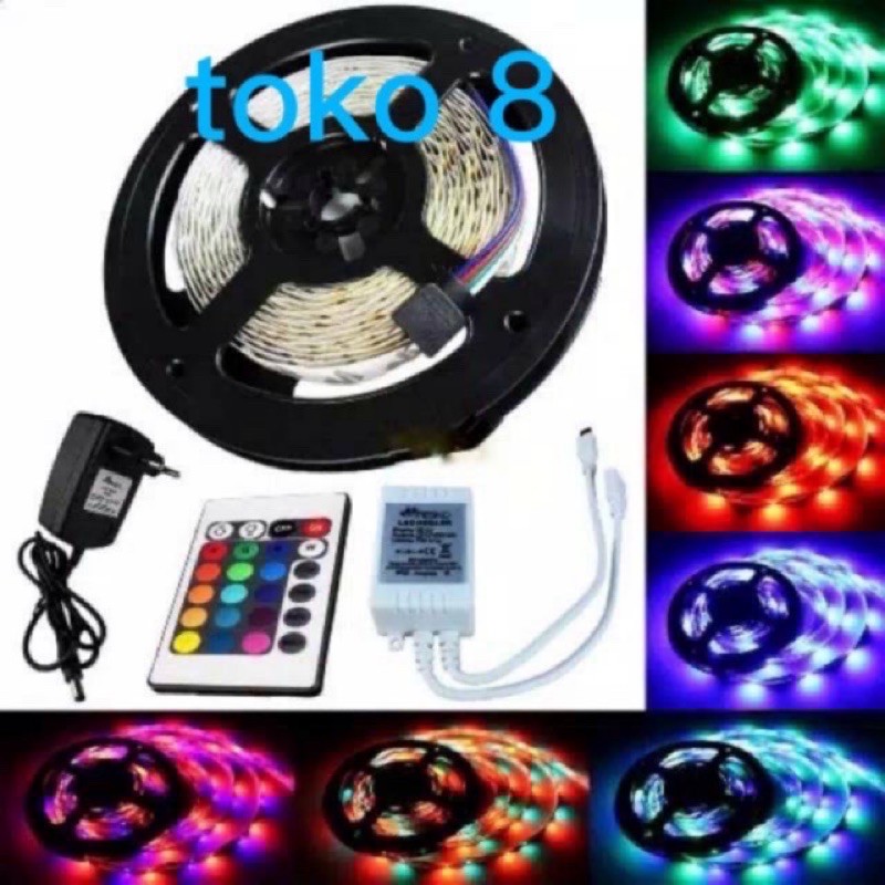 LAMPU LED  STRIP 3528 2835 RGB WARNA WARNI IP44 10M AC 220V + ADAPTOR + REMOTE 3528 (LAMPU TIKTOK)