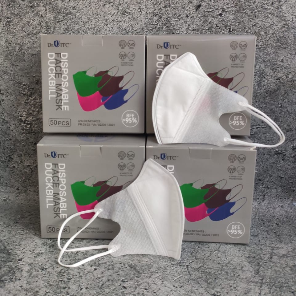 BOX - MASKER DUCKBILL DR ITC DRITC GARIS PUTIH WHITE PLY 50PC - KEMENKES