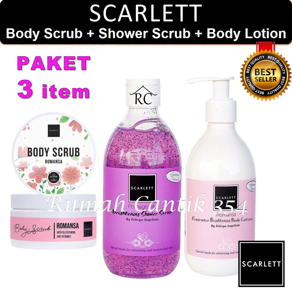 Paket 3 in 1 Body Care Scarlett Whitening Body Scrub Romansa + Shower Scrub Pomegrante + Body Lotion Romansa Rumah Cantik 354 Perawatan Tubuh