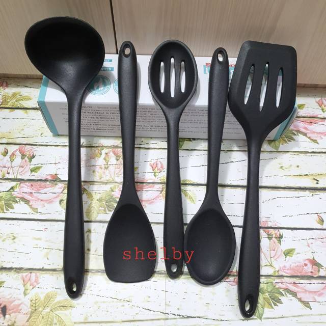 5 pc Utensils Set spatula silicone sutil tanpa sambungan tahan panas food grade tebal dan lentur