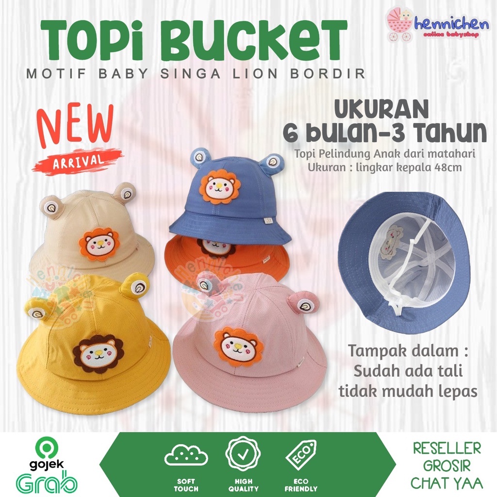 TOPI BABY BUCKET HAT BABY SINGA LION BORDIR TOPI BUCKET ANAK LUCU UNISEX MOTIF 0 - 2 TAHUN