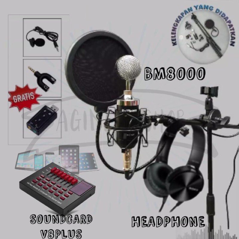 PAKET KOMPLIT MIC BM8000 STAND Berdiri Microphone BM 8000 + Mixer Soundcard V8 / V8Plus