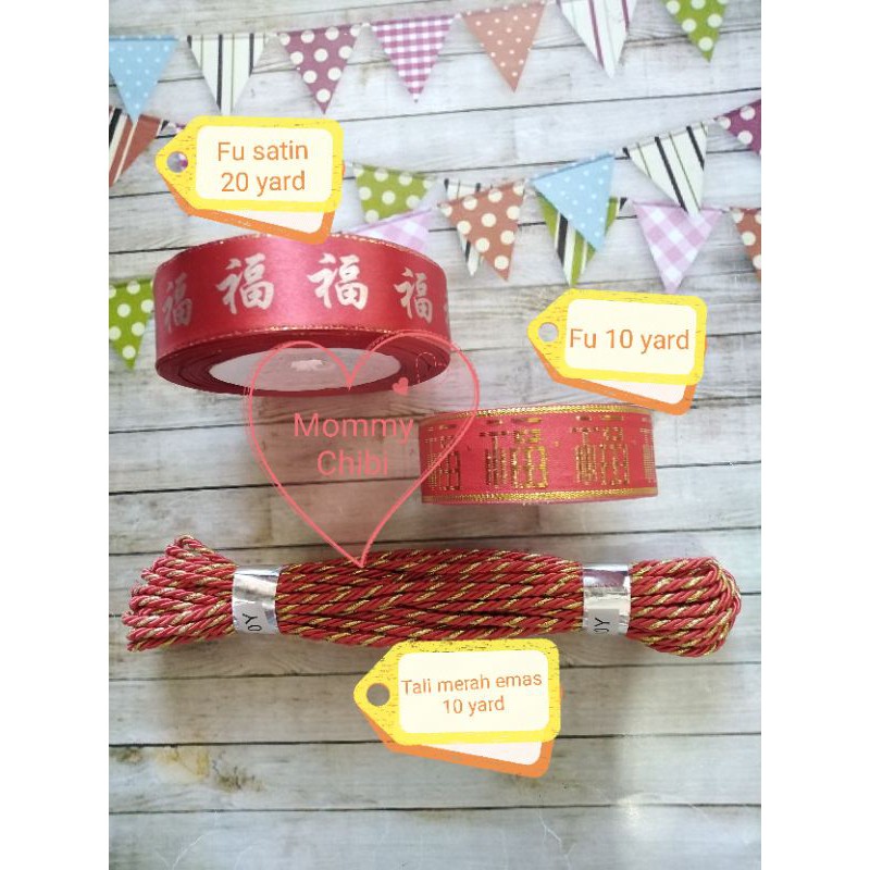 Pita imlek fu double happiness cny ribbon merah emas 2.5 cm rol / hiasan hampers parcel aksesoris