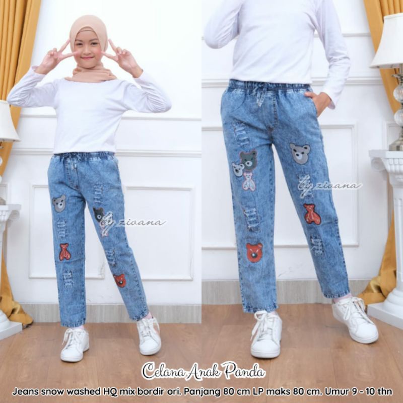 Celana Jeans Anak Perempuan Bordir Boneka Pita Usia 6 Tahun 7 tahun 8 Tahun