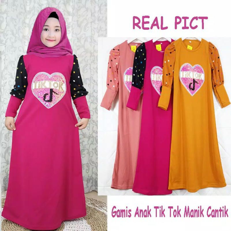 Baju Anak Perempuan Gamis Anak Tik Tok Manik Lengan Kerut Cantik Dress Size 4-12 Tahun