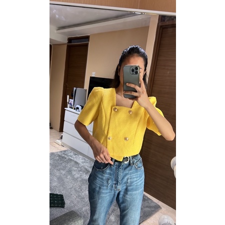 Atasan Tweed Wanita/ Baju Bangkok Tweed Kuning/ Atasan