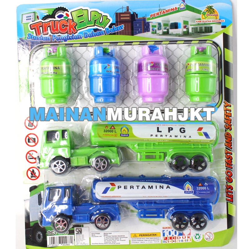 MAINANKEI MAINAN ANAK MURAH TRUCK ELPIJI OCT6738 SET 2 TRUCK DAN 4 ELPIJI MOBIL MOBILAN BEREDUKASI