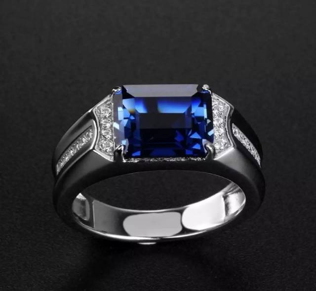 Cincin Pria Perak Blue Sapphire Safir Biru Cutting Mewah Modern Berkelas