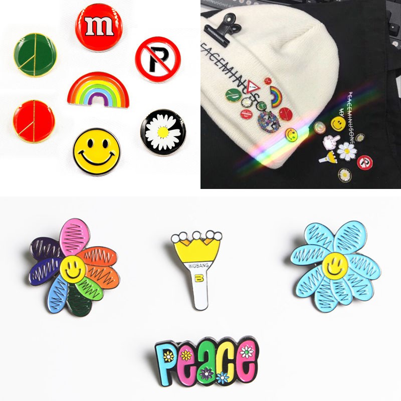 GD Support Same Metal Badge Fashion Daisy Rainbow Smiley Pattern Brooch Clothes Bags Accessories