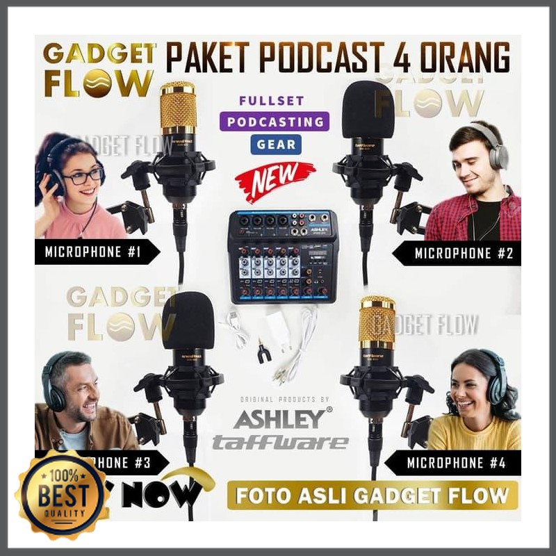 ❤ Mishad Shop -  PAKET PODCAST 4 ORANG Mic Microphone BM800 BM 800 Mixer Recording - Gold Limited