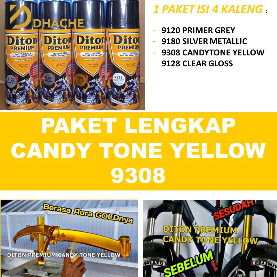 PAKET LENGKAP Cat Pilox Diton Premium Candy Tone Yellow 9308 400ml warna cendi kendy Kuning Pylox 400ml