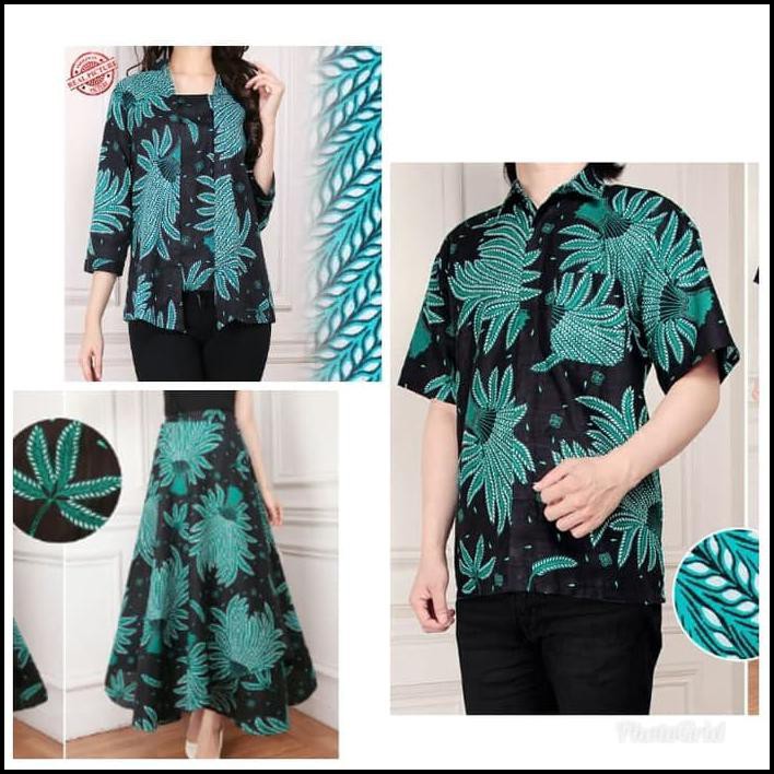 COUPLE ATASAN BLOUSE ROK PAYUNG FELLICE DAN KEMEJA BATIK PRIA - BIRU