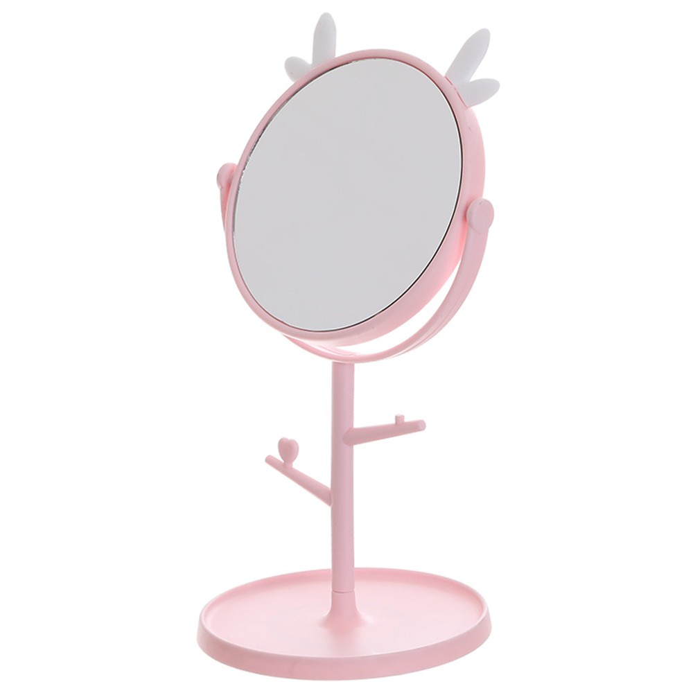 HOVELSHOP Cermin Make Up Bulat Kaca Meja Rias Standing Mirror Motif Telinga Lucu-Pink
