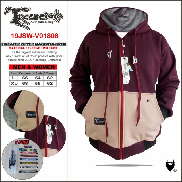 Sweater zipper unisex magenta krem