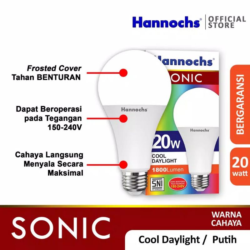 LAMPU LED HANNOCHS SONIC 20W 20 WATT CAHAYA PUTIH 6500K COOL DAYLIGHT